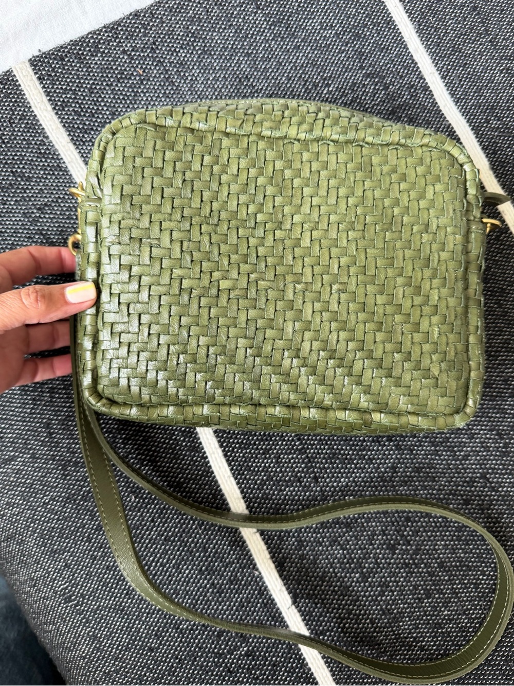 Clare V Olive Green Herringbone Woven Leather Midi Sac Crossbody Bag EUC